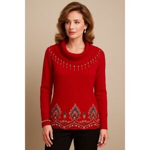 Victoria Jones Women Red Embellished Cowl Neck Sweater Size S Beaded Sequins Vtg